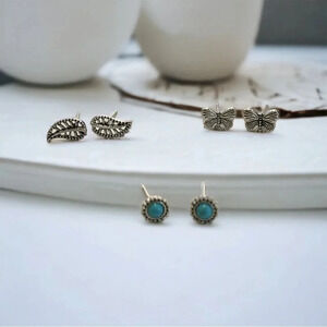 Mini Turquoise Circle & Silver Leaf & Butterfly Stud Earrings